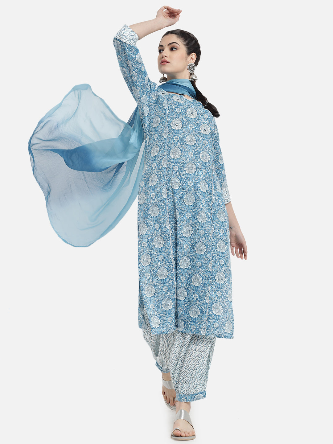 Women Blue Rayon Printed & Trim Work Kurta Bottom Dupatta Set