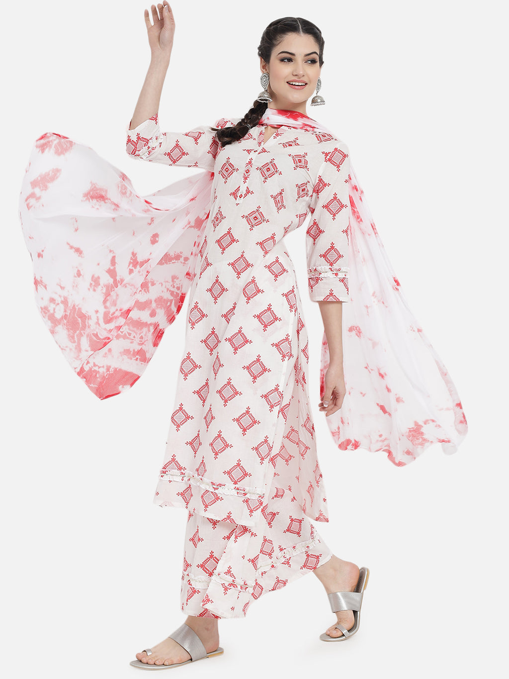 Women Red Cotton Printed & Trim Work Kurta Bottom Dupatta Set