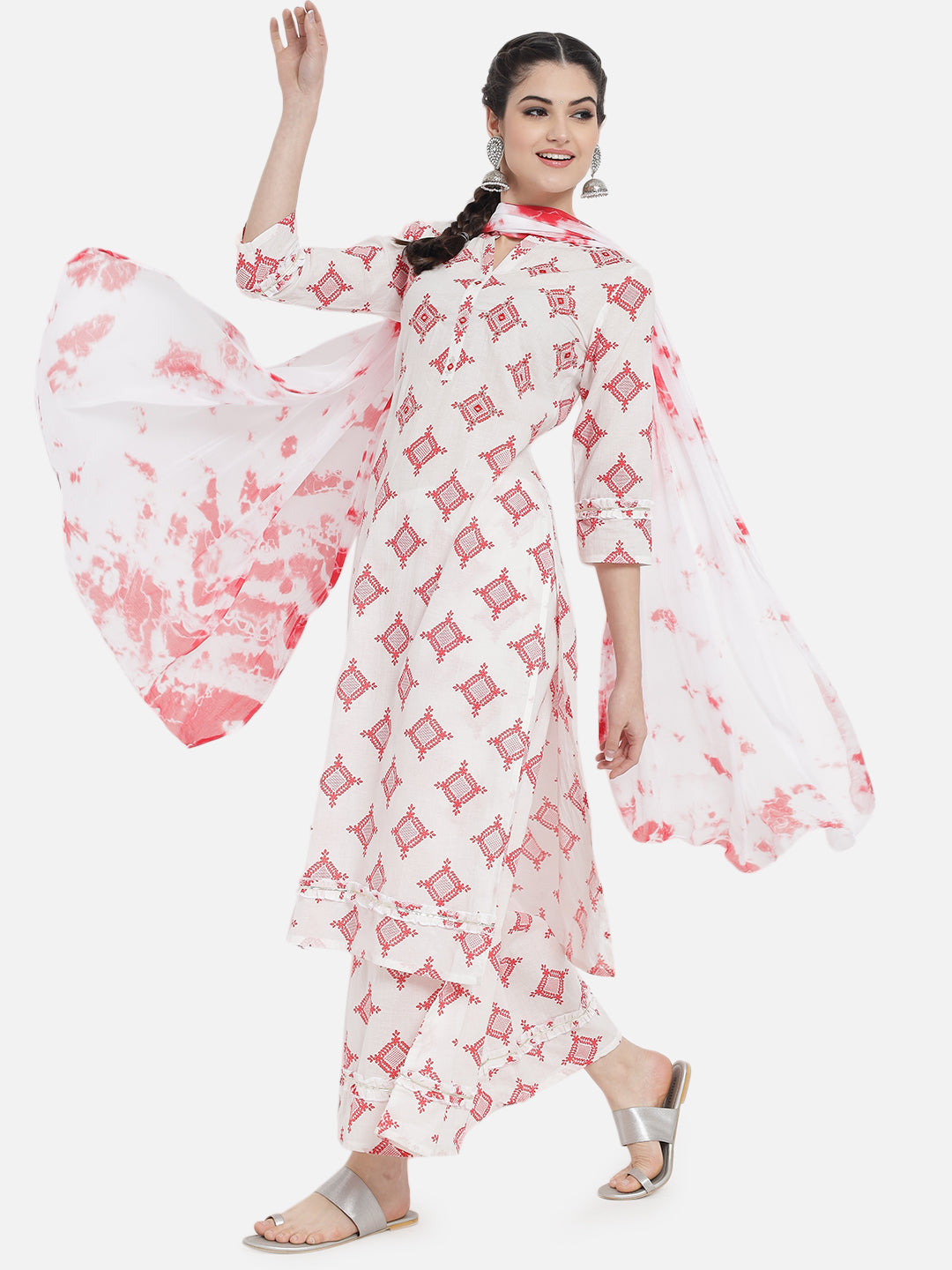 Women Red Cotton Printed & Trim Work Kurta Bottom Dupatta Set