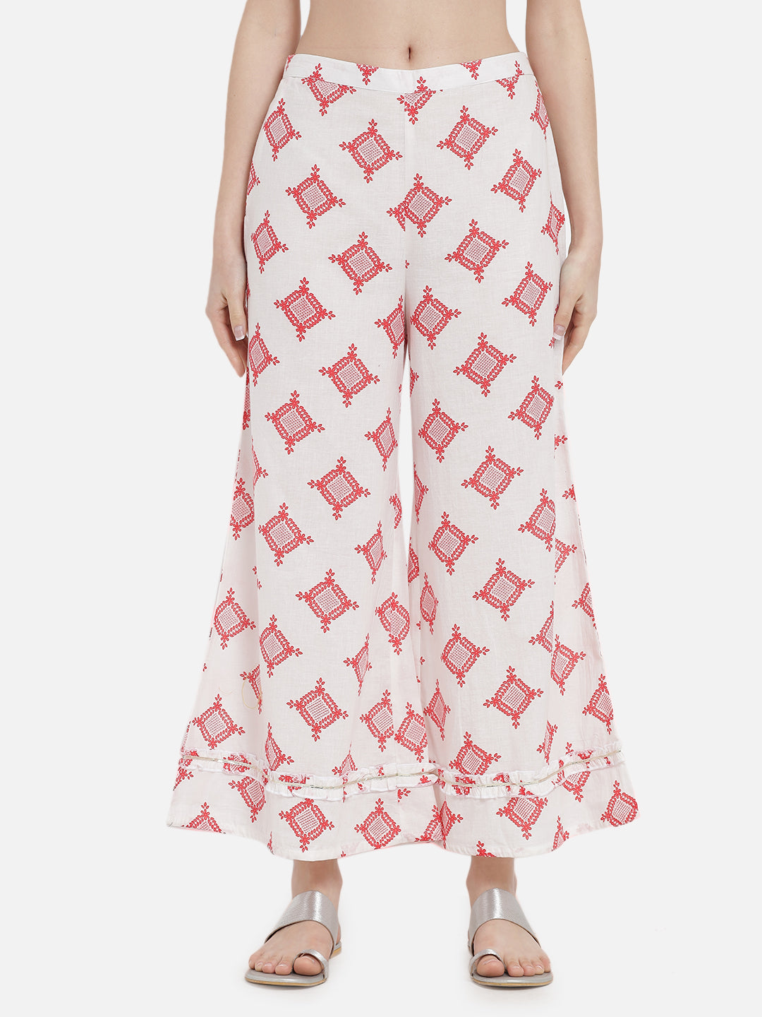 Women Red Cotton Printed & Trim Work Kurta Bottom Dupatta Set