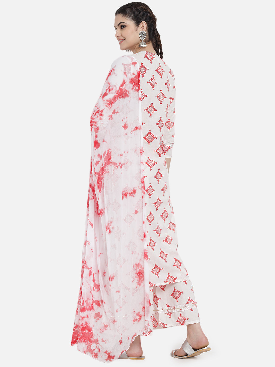 Women Red Cotton Printed & Trim Work Kurta Bottom Dupatta Set