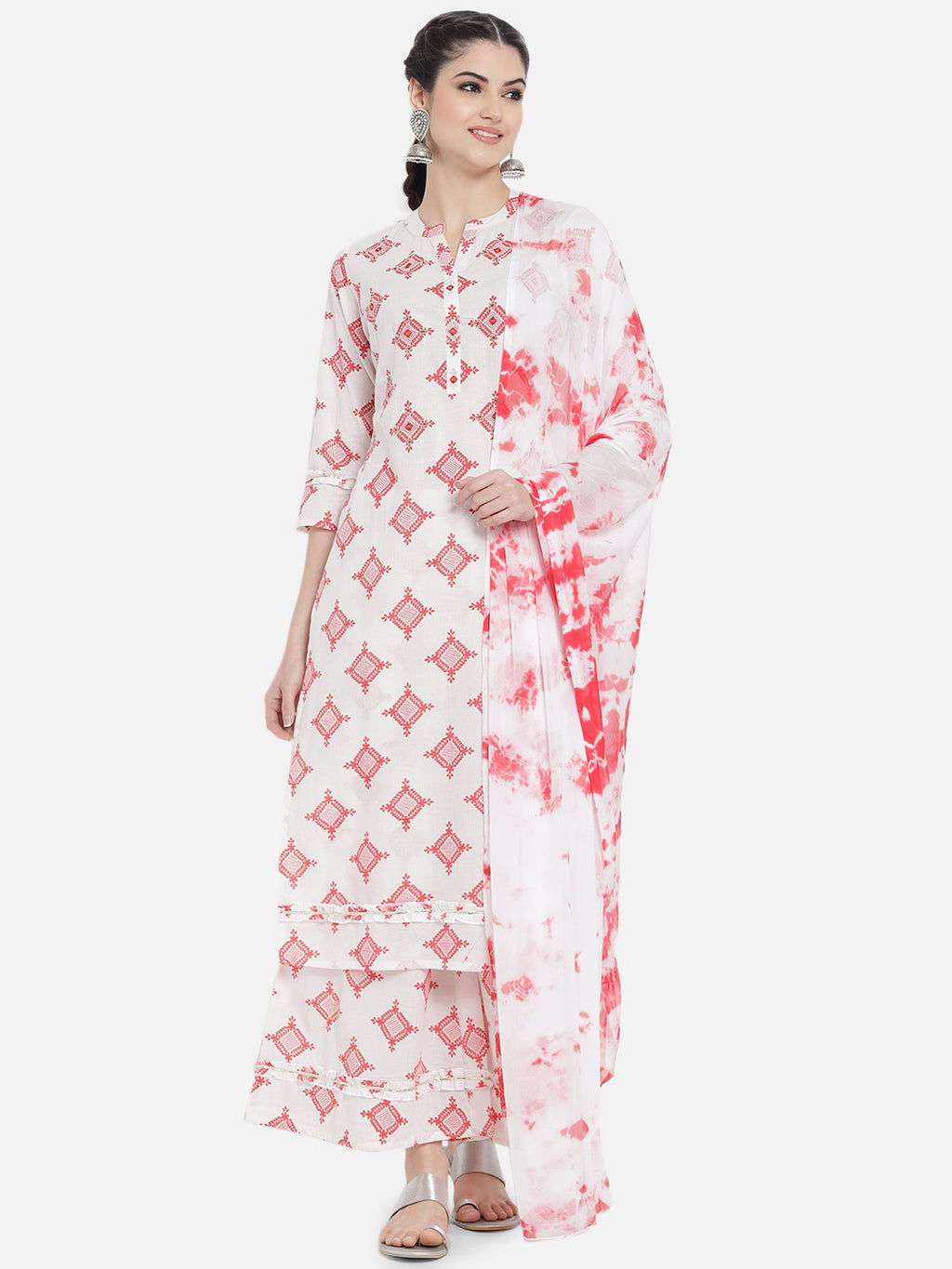 Women Red Cotton Printed & Trim Work Kurta Bottom Dupatta Set
