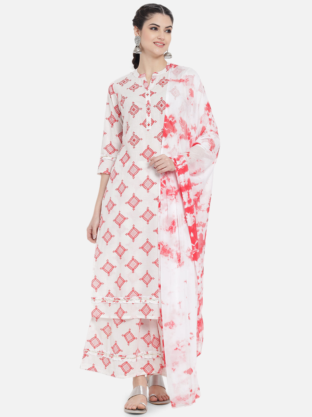 Women Red Cotton Printed & Trim Work Kurta Bottom Dupatta Set
