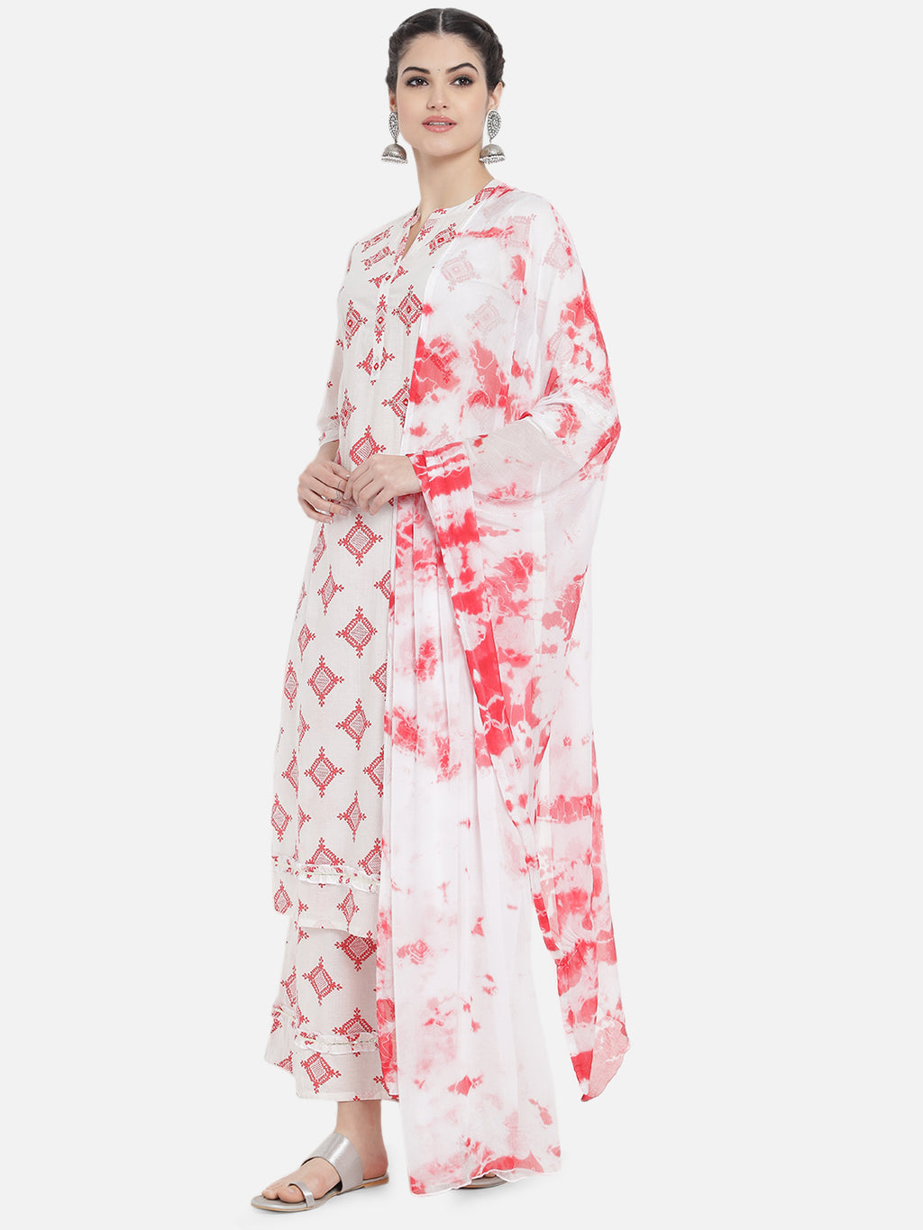 Women Red Cotton Printed & Trim Work Kurta Bottom Dupatta Set