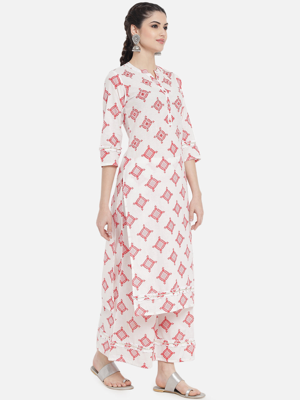 Women Red Cotton Printed & Trim Work Kurta Bottom Dupatta Set