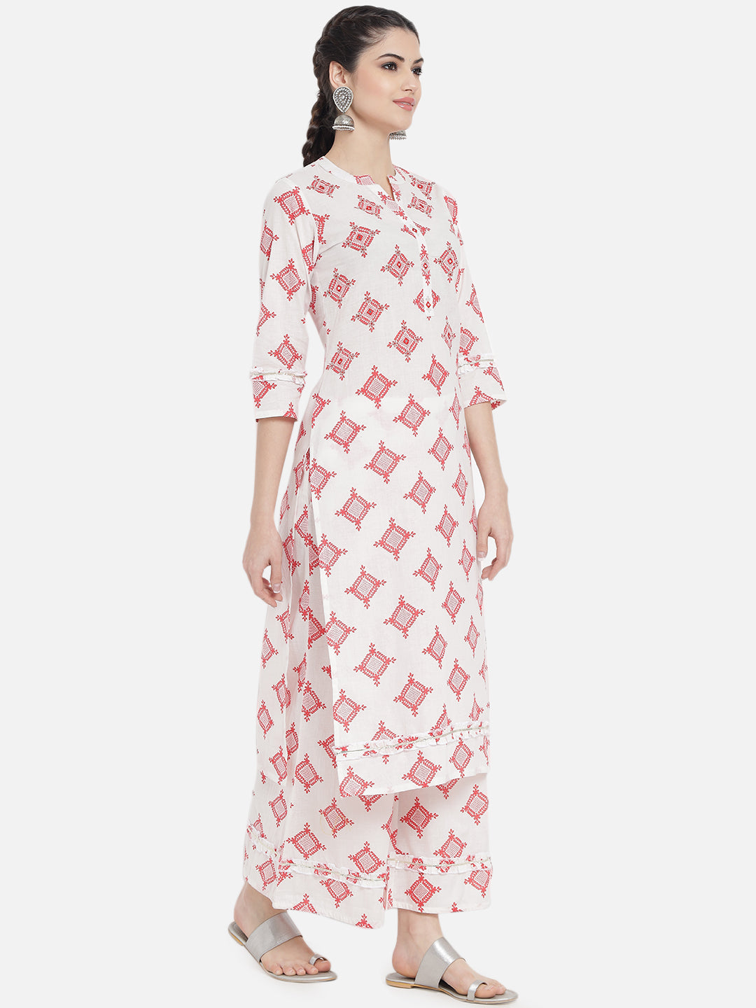 Women Red Cotton Printed & Trim Work Kurta Bottom Dupatta Set