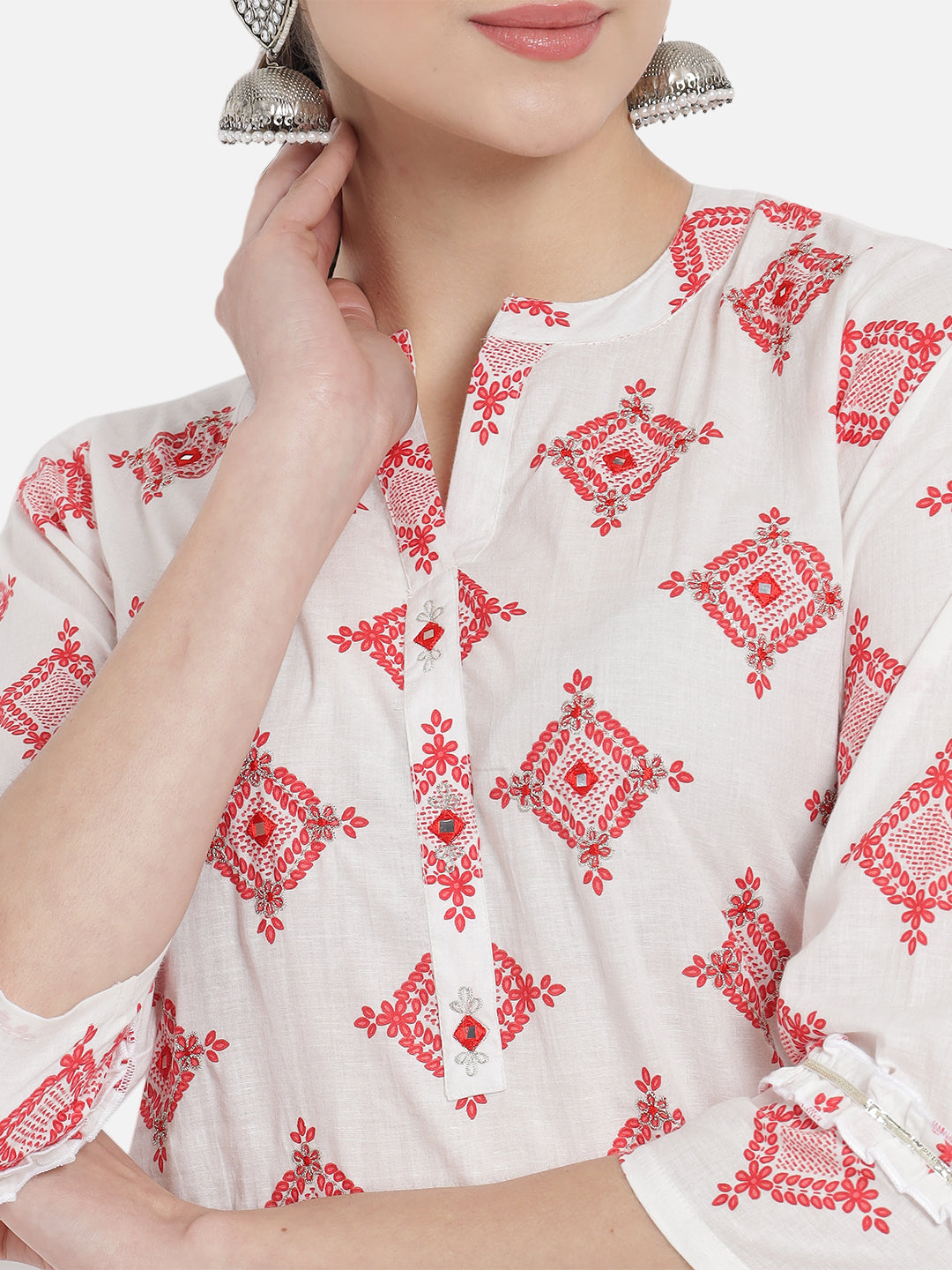 Women Red Cotton Printed & Trim Work Kurta Bottom Dupatta Set