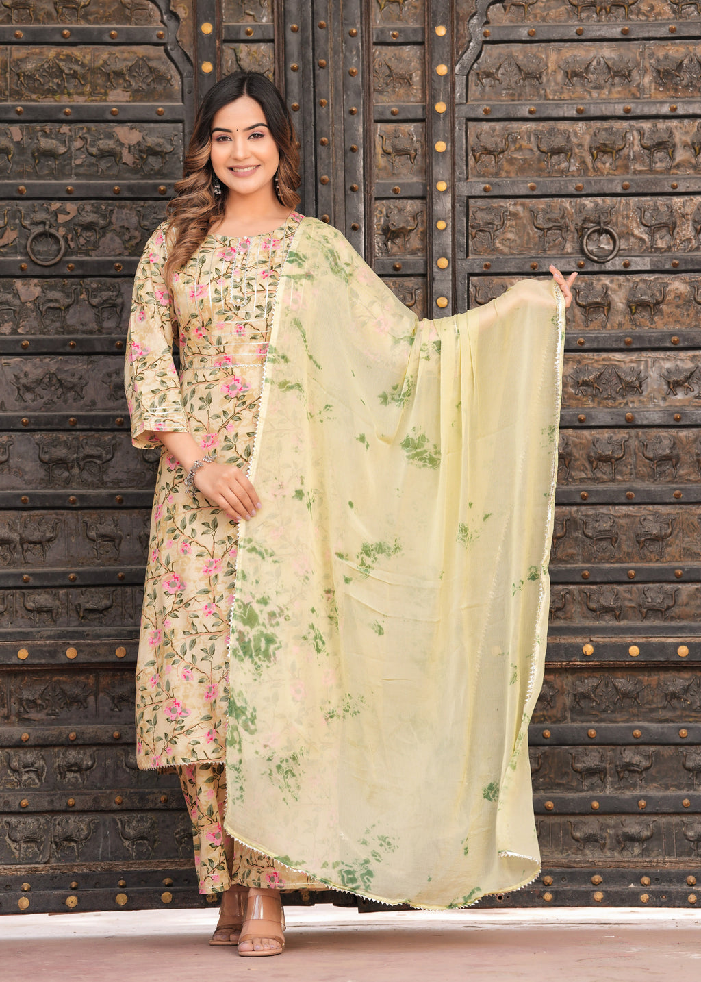 Women Yellow Rayon Printed & Gota Patti Work Kurta Bottom Dupatta Set