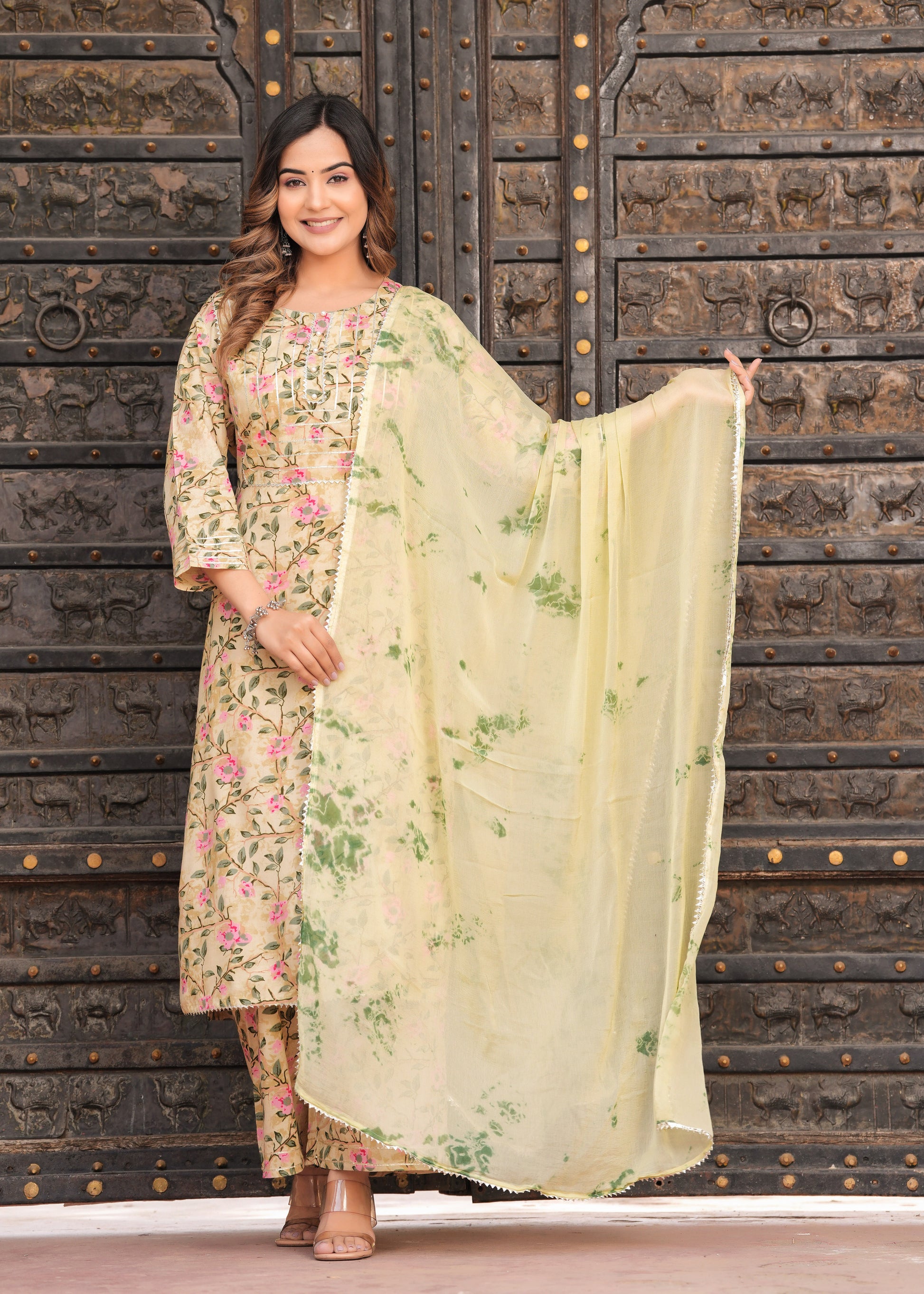 Women Yellow Rayon Printed & Gota Patti Work Kurta Bottom Dupatta Set