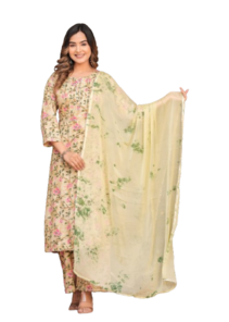 Women Yellow Rayon Printed & Gota Patti Work Kurta Bottom Dupatta Set