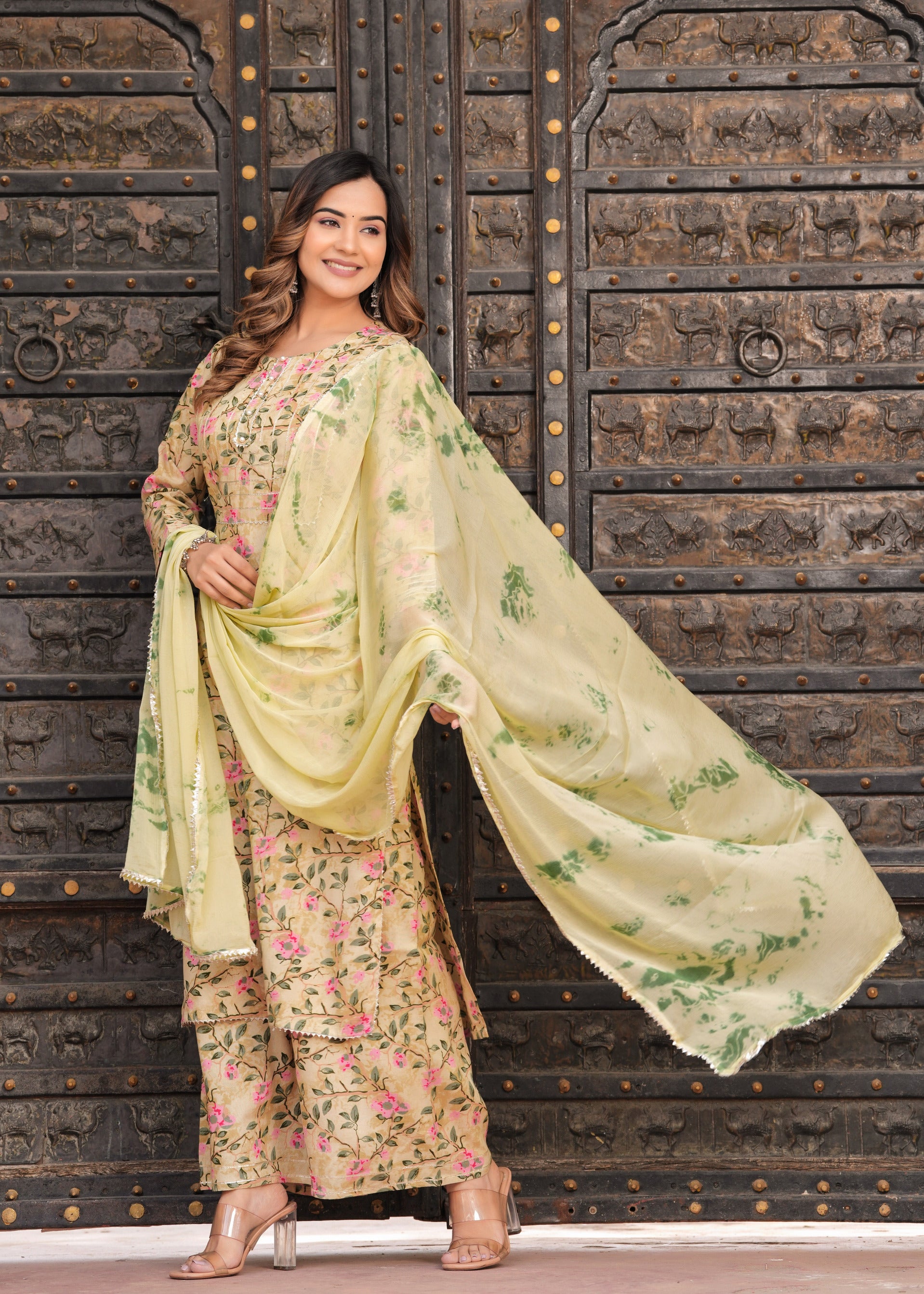 Women Yellow Rayon Printed & Gota Patti Work Kurta Bottom Dupatta Set