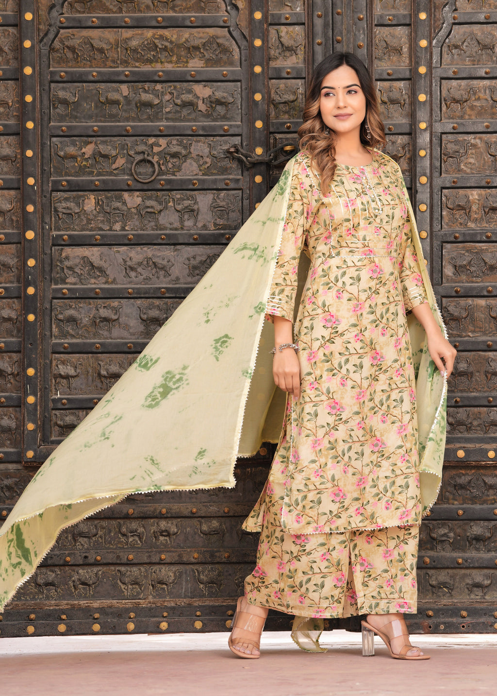 Women Yellow Rayon Printed & Gota Patti Work Kurta Bottom Dupatta Set