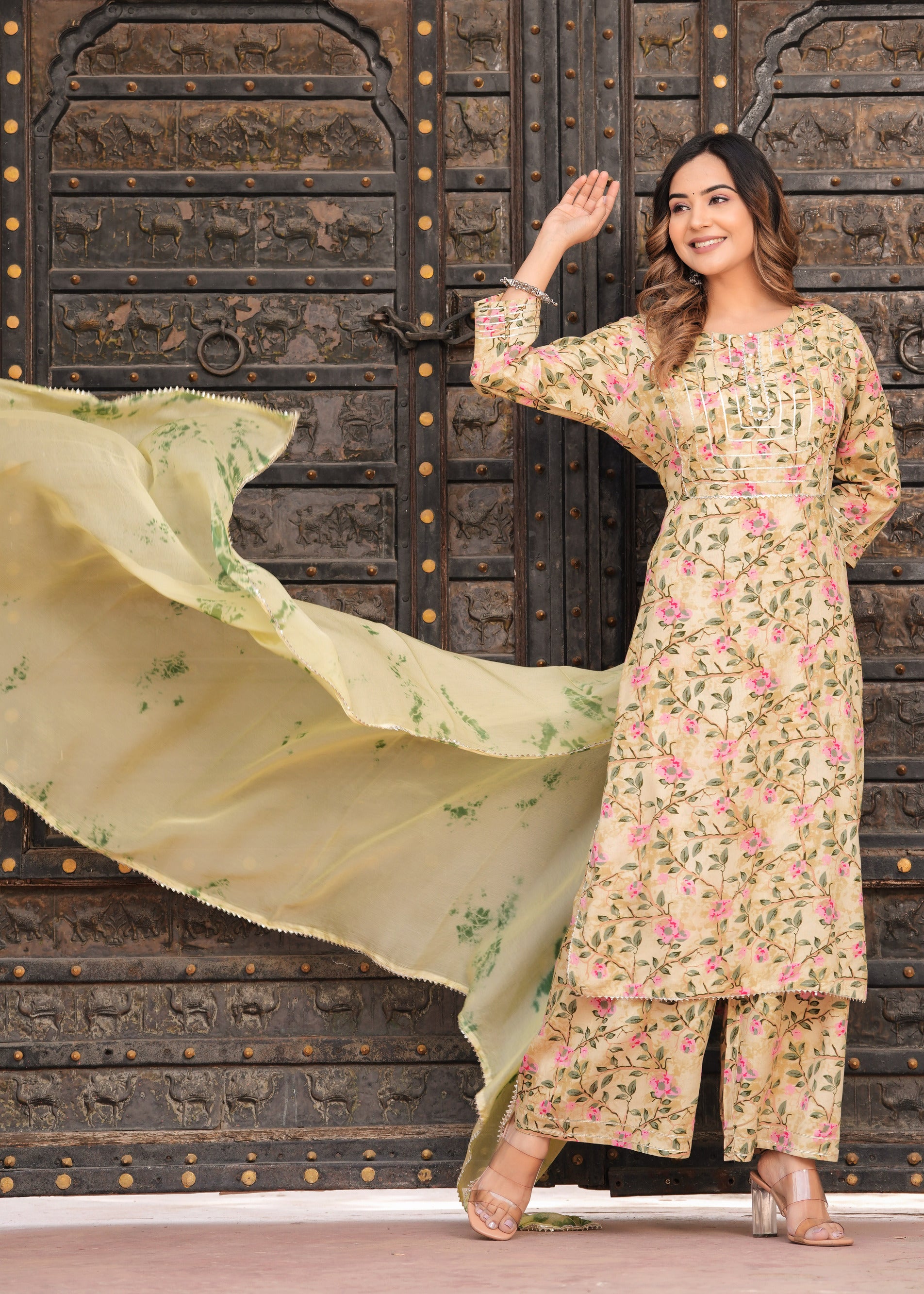 Women Yellow Rayon Printed & Gota Patti Work Kurta Bottom Dupatta Set