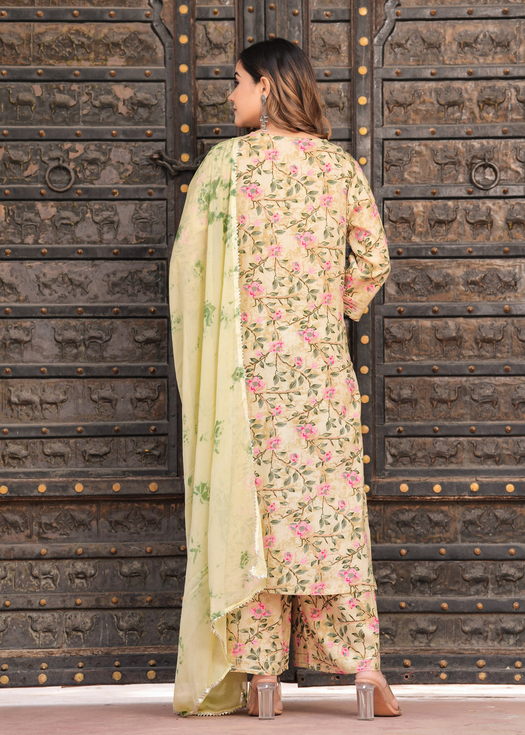 Women Yellow Rayon Printed & Gota Patti Work Kurta Bottom Dupatta Set