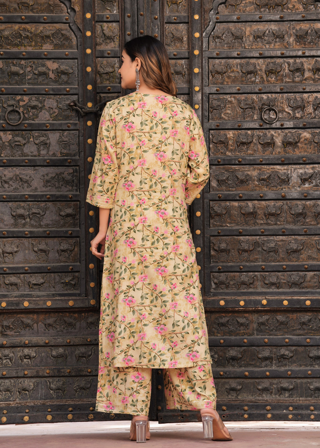 Women Yellow Rayon Printed & Gota Patti Work Kurta Bottom Dupatta Set