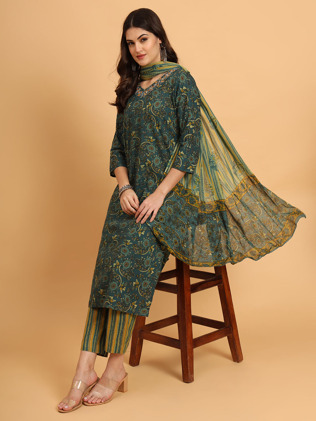 Women Green Cotton Printed & Embroidred Work Kurta Bottom Dupatta Set