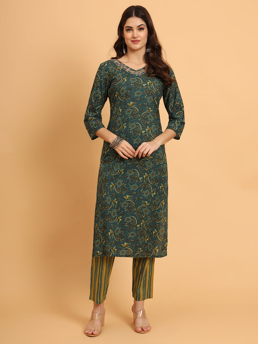 Women Green Cotton Printed & Embroidred Work Kurta Bottom Dupatta Set