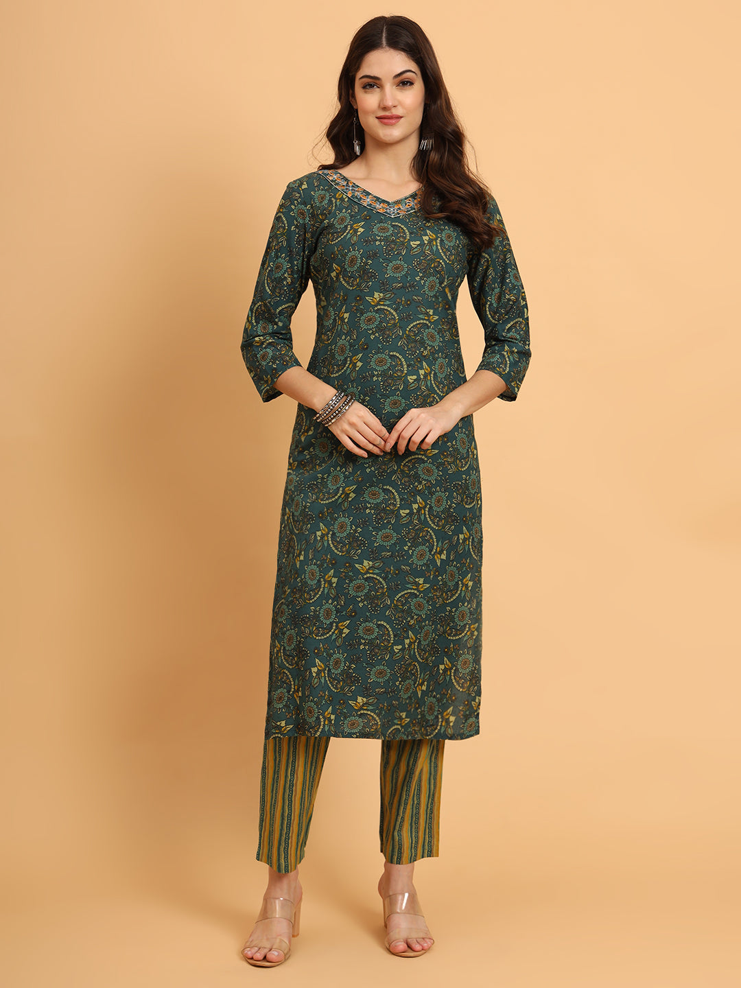 Women Green Cotton Printed & Embroidred Work Kurta Bottom Dupatta Set