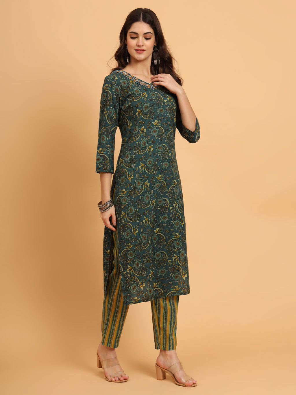 Women Green Cotton Printed & Embroidred Work Kurta Bottom Dupatta Set