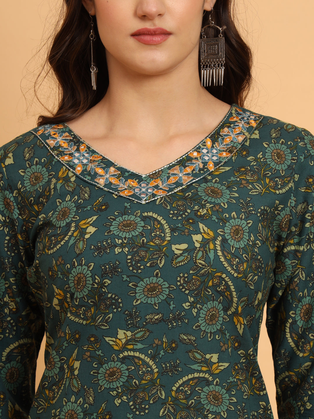 Women Green Cotton Printed & Embroidred Work Kurta Bottom Dupatta Set