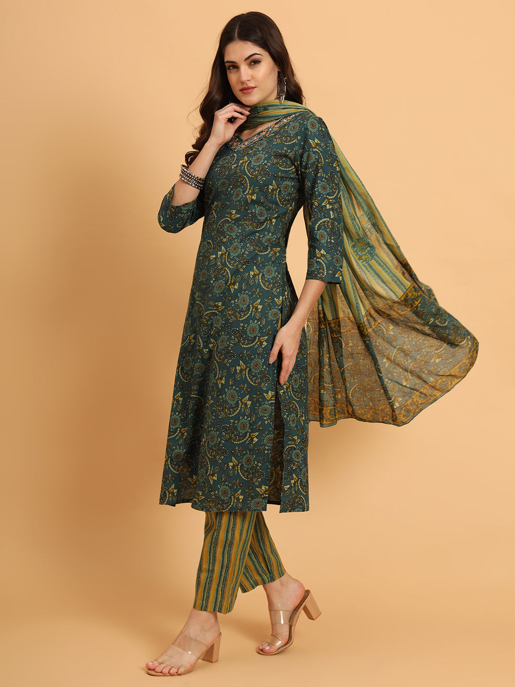 Women Green Cotton Printed & Embroidred Work Kurta Bottom Dupatta Set