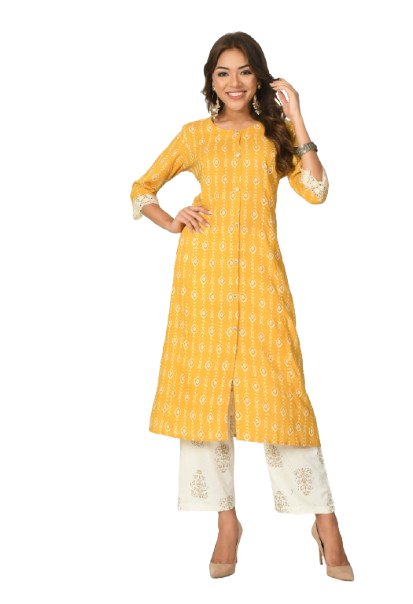 Women Yellow Rayon Printed & Trim Work Kurta Bottom Set