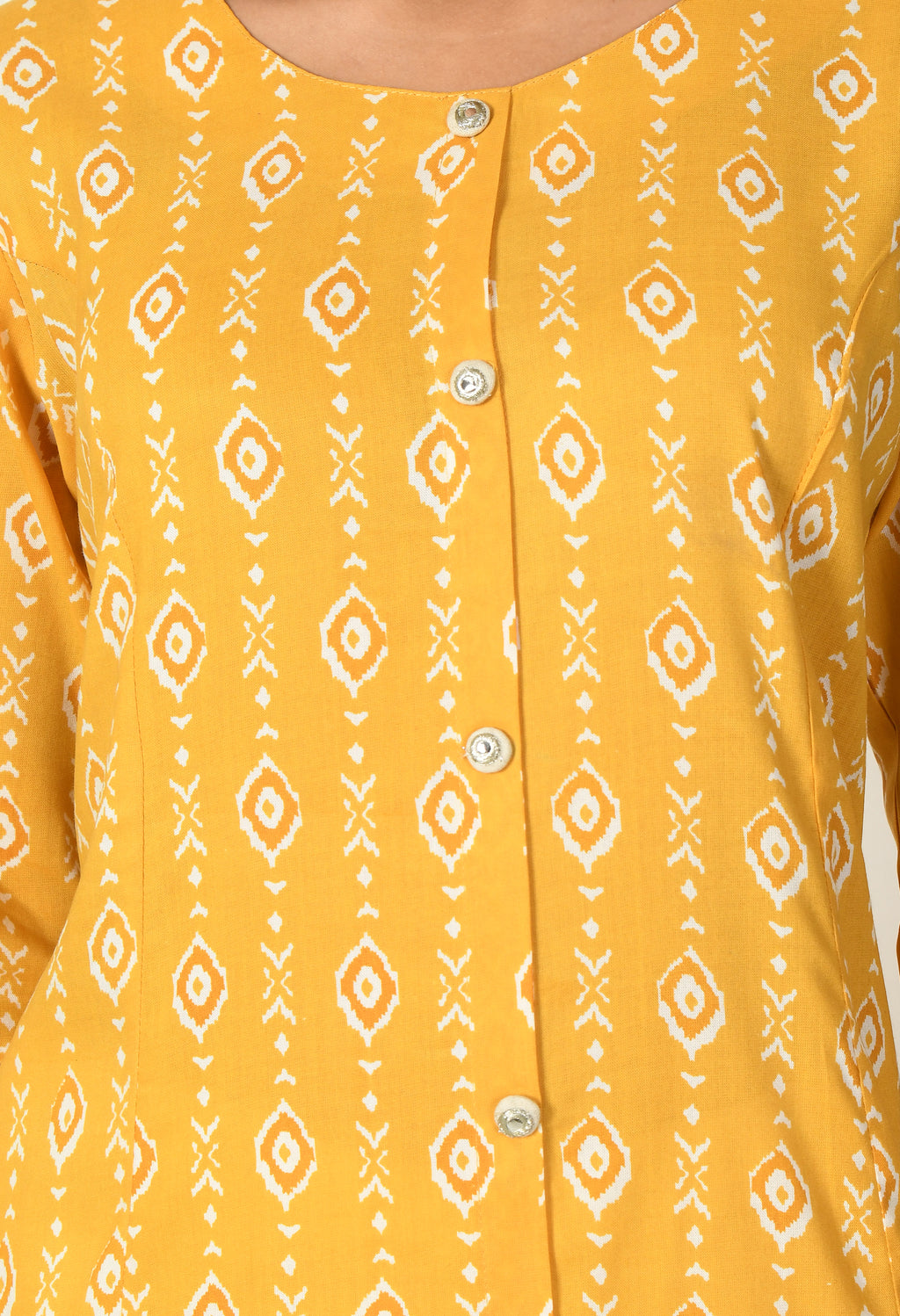 Women Yellow Rayon Printed & Trim Work Kurta Bottom Set