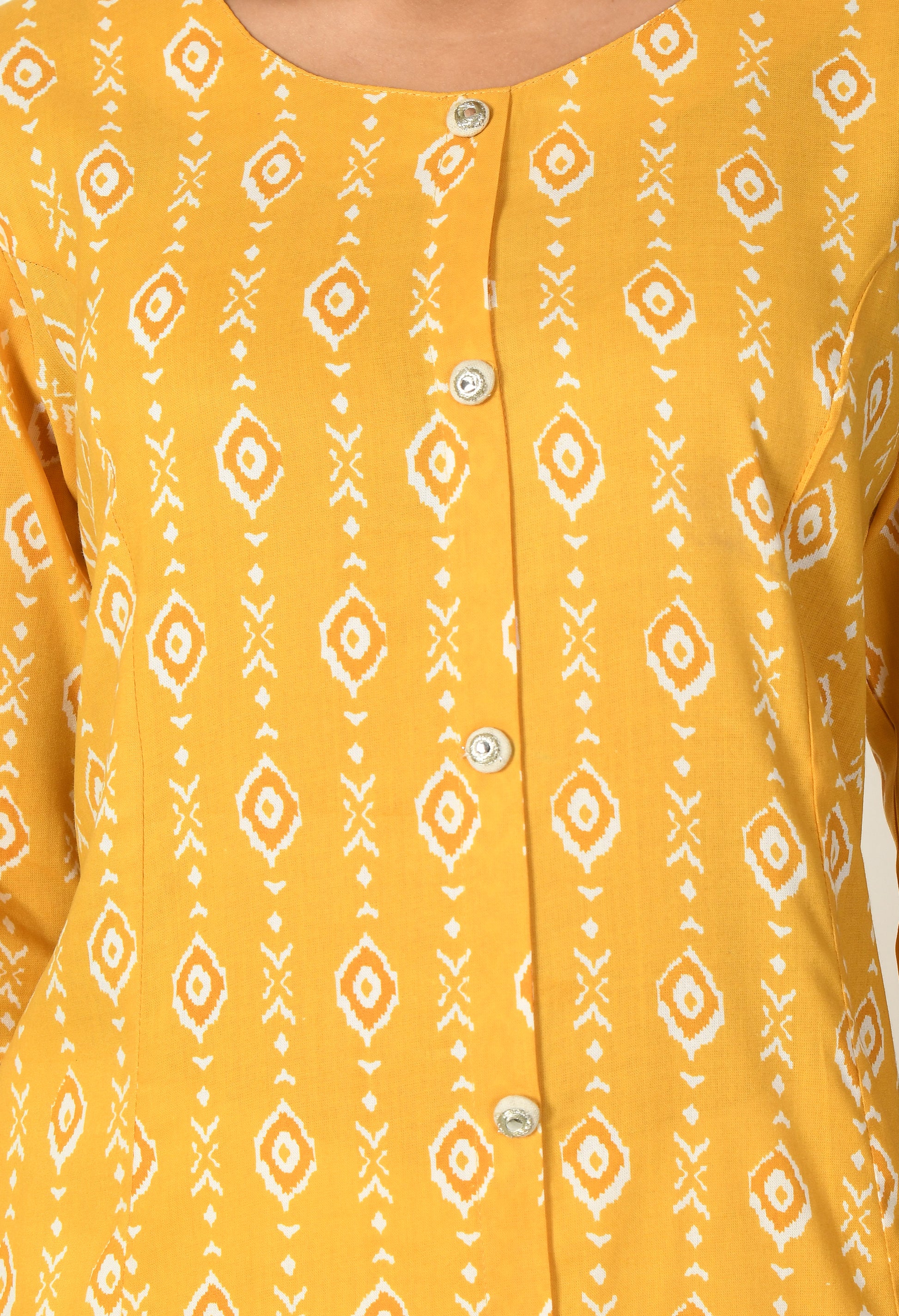 Women Yellow Rayon Printed & Trim Work Kurta Bottom Set