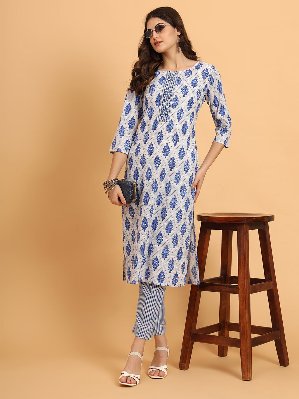 Women Blue Rayon Printed & Trim Work Kurta Bottom Set