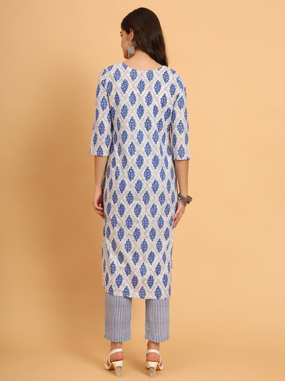 Women Blue Rayon Printed & Trim Work Kurta Bottom Set