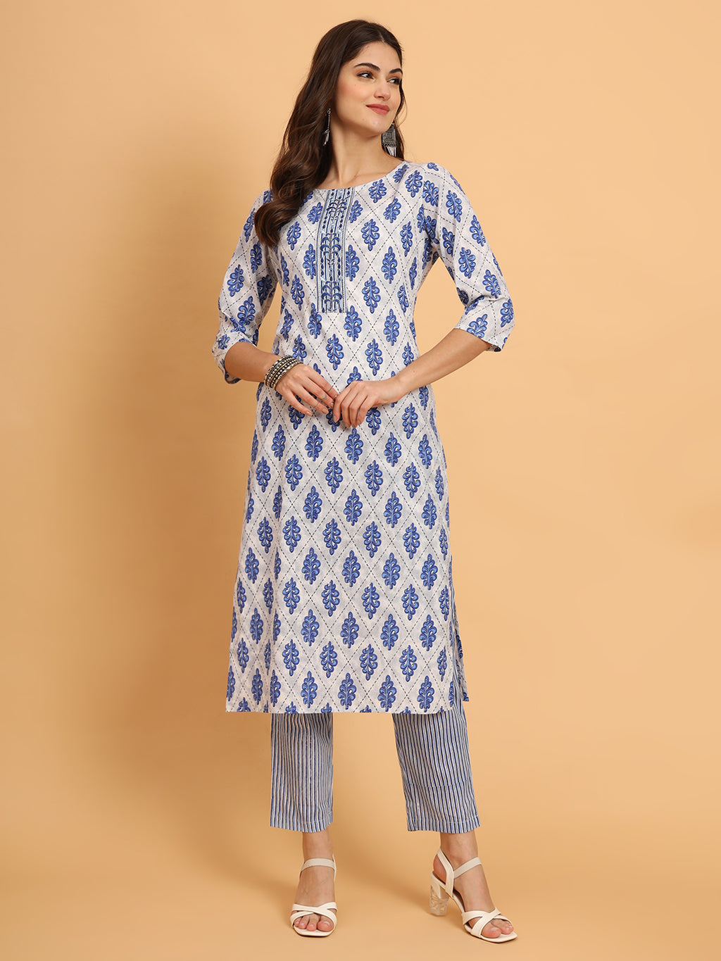 Women Blue Rayon Printed & Trim Work Kurta Bottom Set