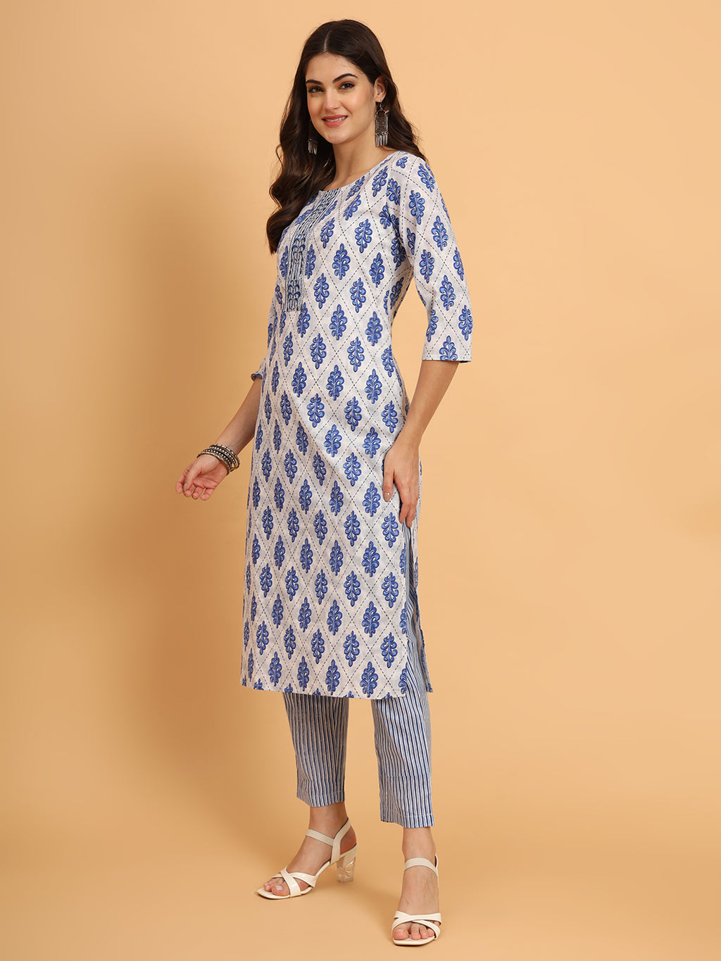 Women Blue Rayon Printed & Trim Work Kurta Bottom Set