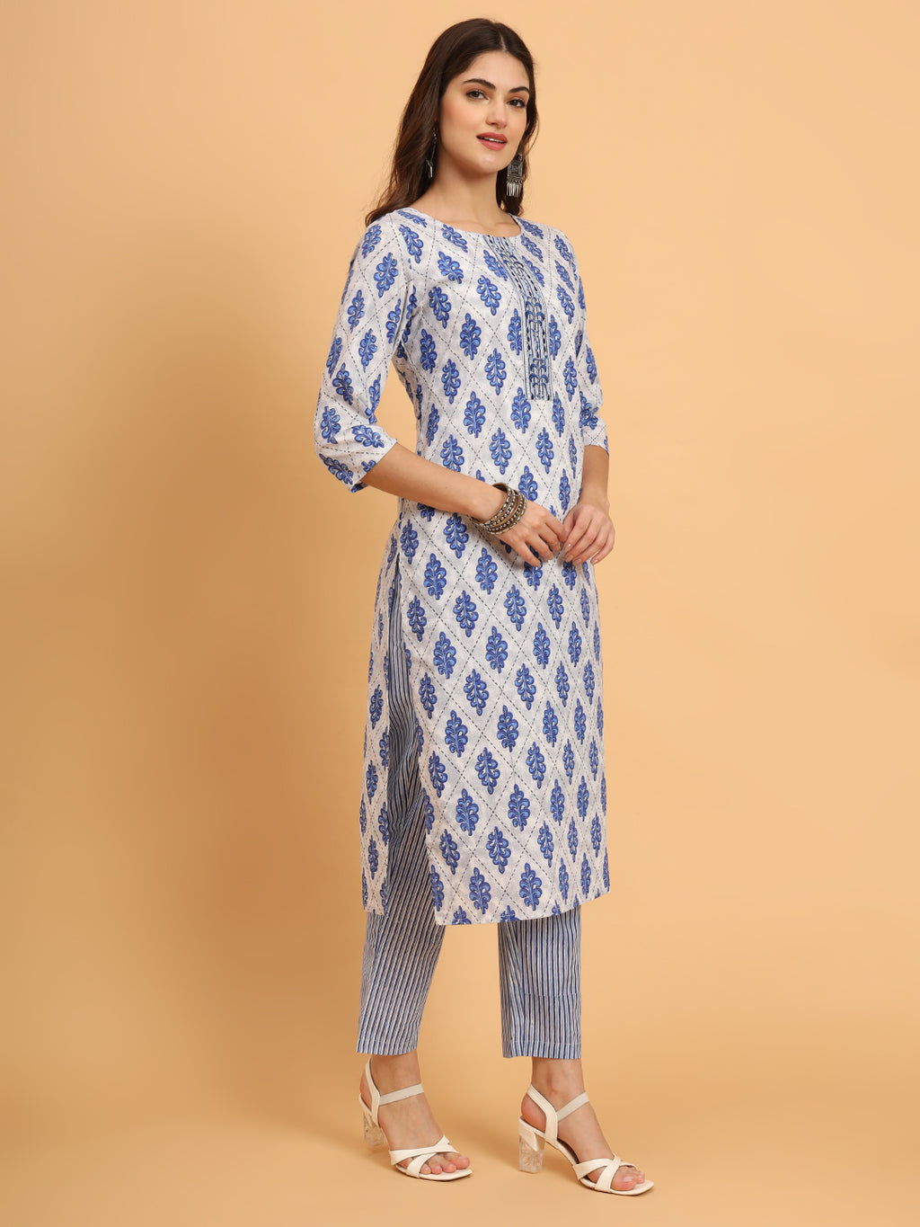 Women Blue Rayon Printed & Trim Work Kurta Bottom Set
