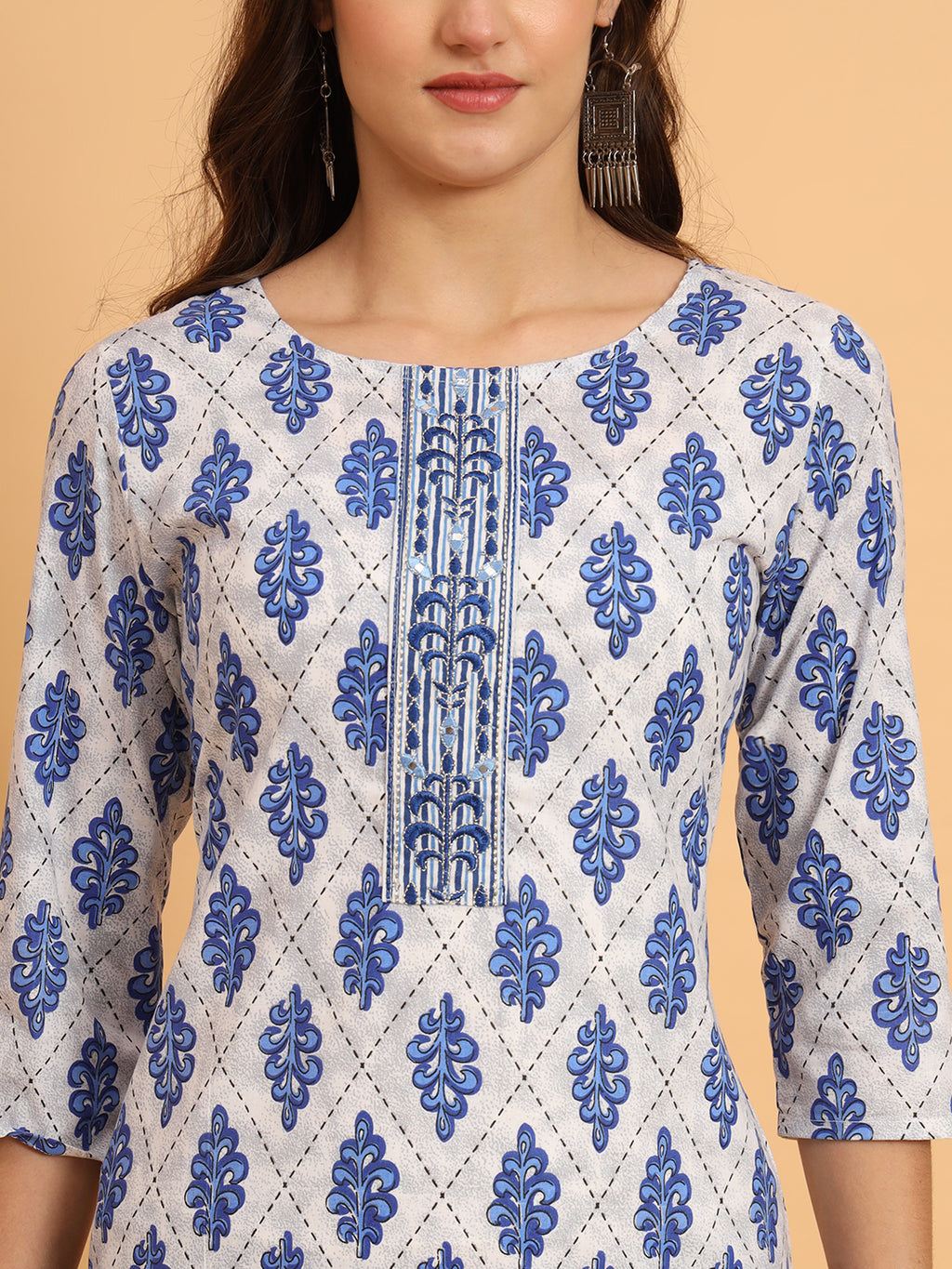 Women Blue Rayon Printed & Trim Work Kurta Bottom Set
