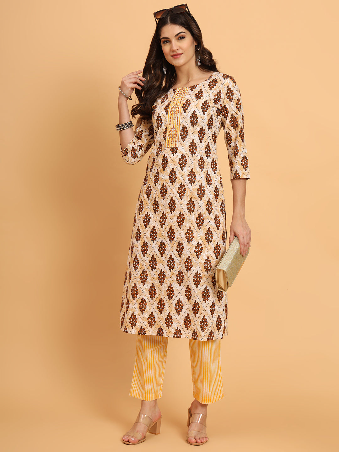 Women Yellow Cotton Printed & Embroidred Trim Work Kurta Bottom Set