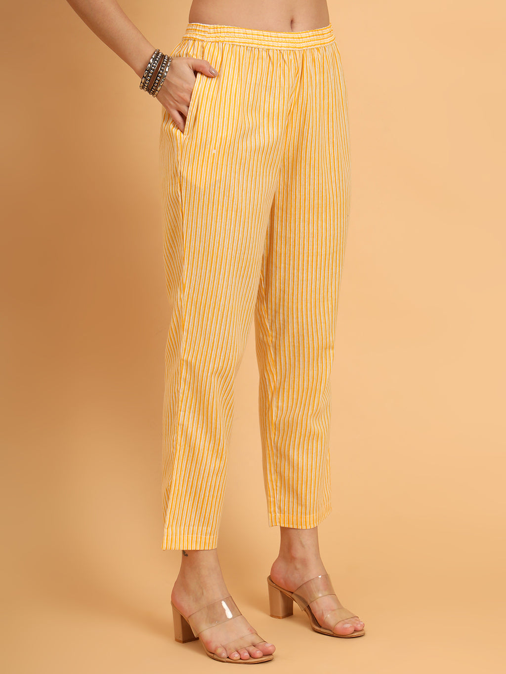 Women Yellow Cotton Printed & Embroidred Trim Work Kurta Bottom Set