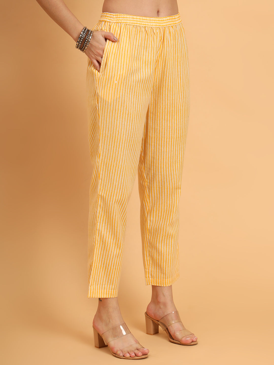 Women Yellow Cotton Printed & Embroidred Trim Work Kurta Bottom Set