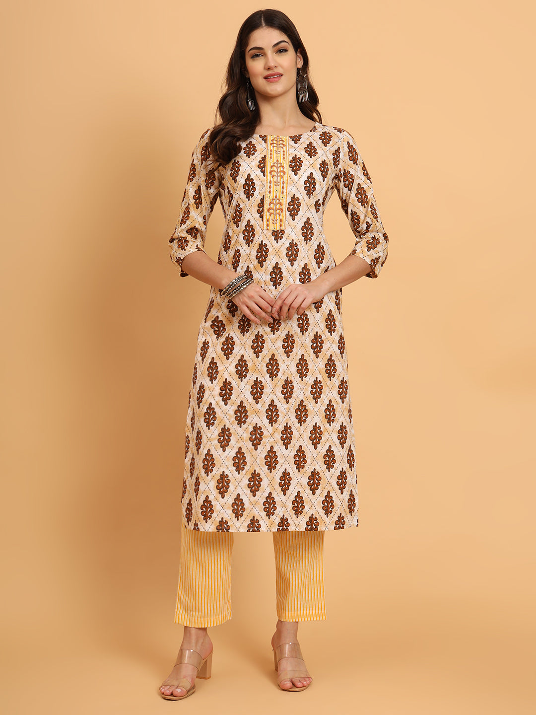 Women Yellow Cotton Printed & Embroidred Trim Work Kurta Bottom Set
