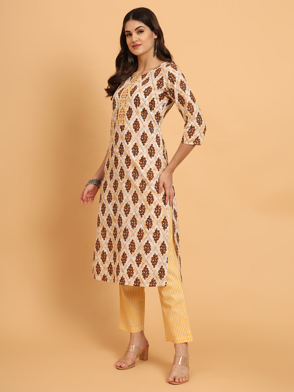 Women Yellow Cotton Printed & Embroidred Trim Work Kurta Bottom Set