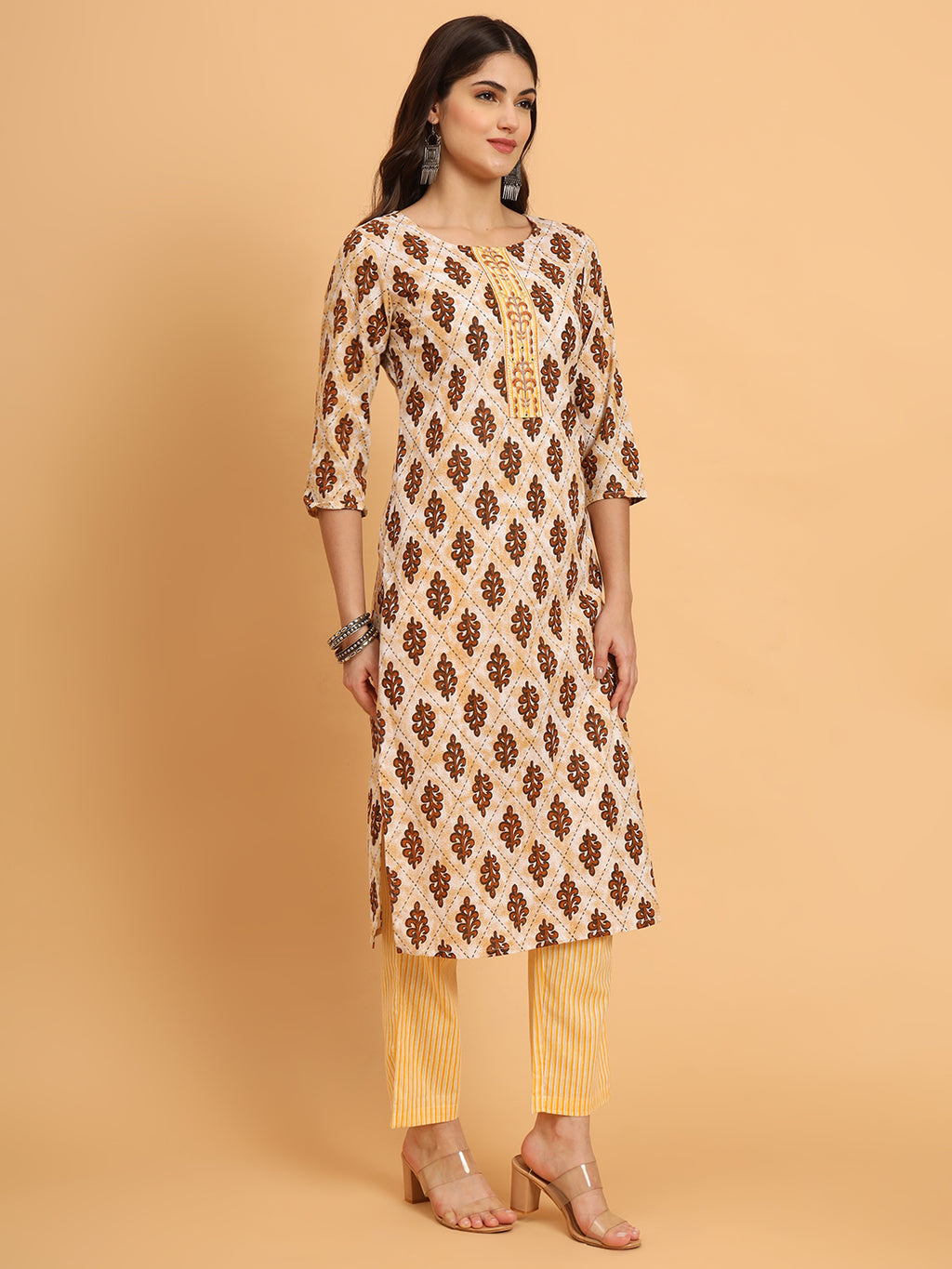 Women Yellow Cotton Printed & Embroidred Trim Work Kurta Bottom Set