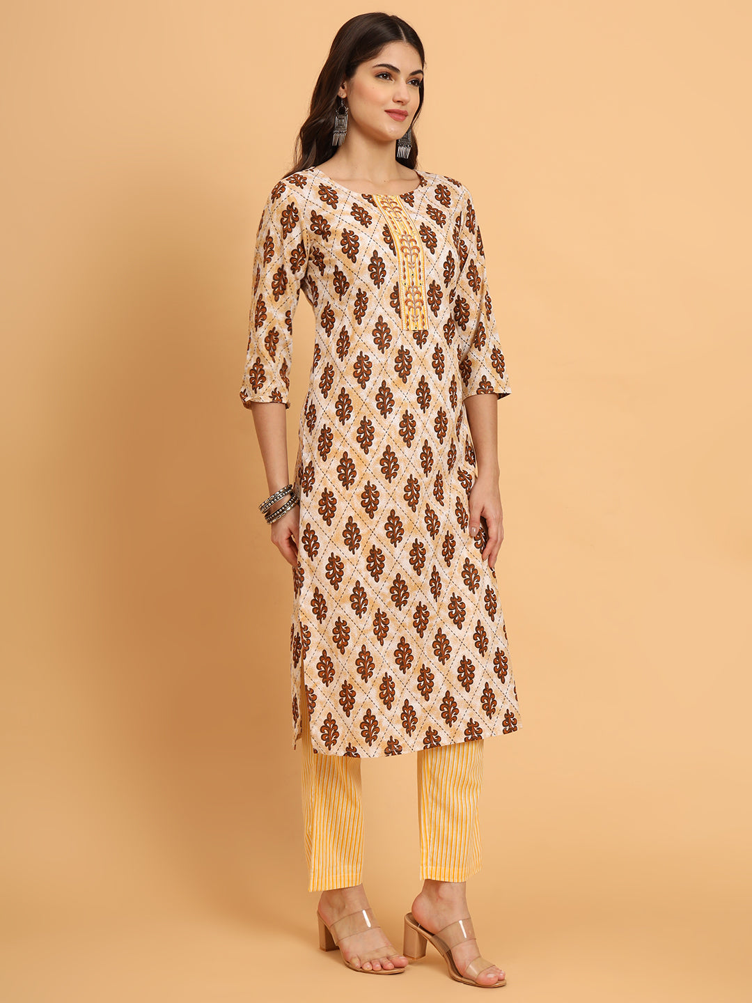 Women Yellow Cotton Printed & Embroidred Trim Work Kurta Bottom Set