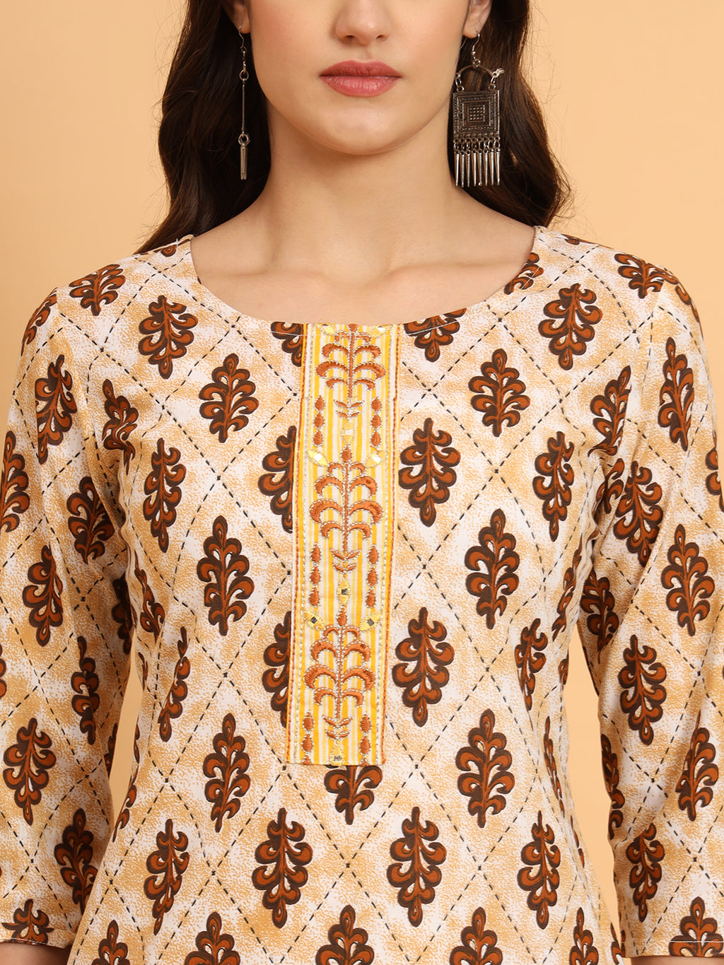 Women Yellow Cotton Printed & Embroidred Trim Work Kurta Bottom Set