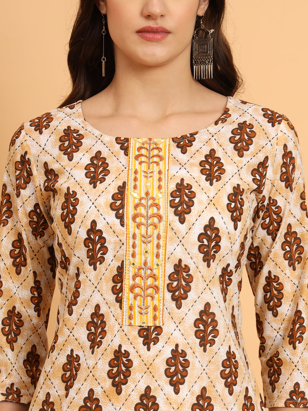 Women Yellow Cotton Printed & Embroidred Trim Work Kurta Bottom Set