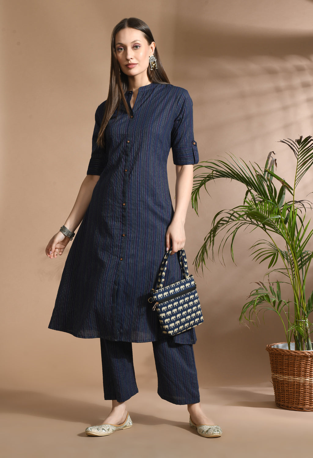 Women Blue Cotton Katha & Trim Work Kurta Bottom Set