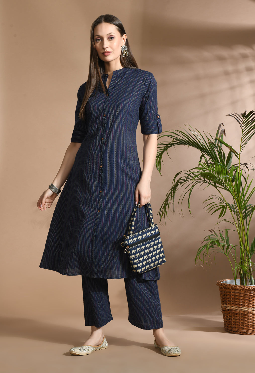 Women Blue Cotton Katha & Trim Work Kurta Bottom Set