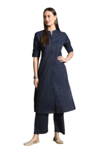 Women Blue Cotton Katha & Trim Work Kurta Bottom Set