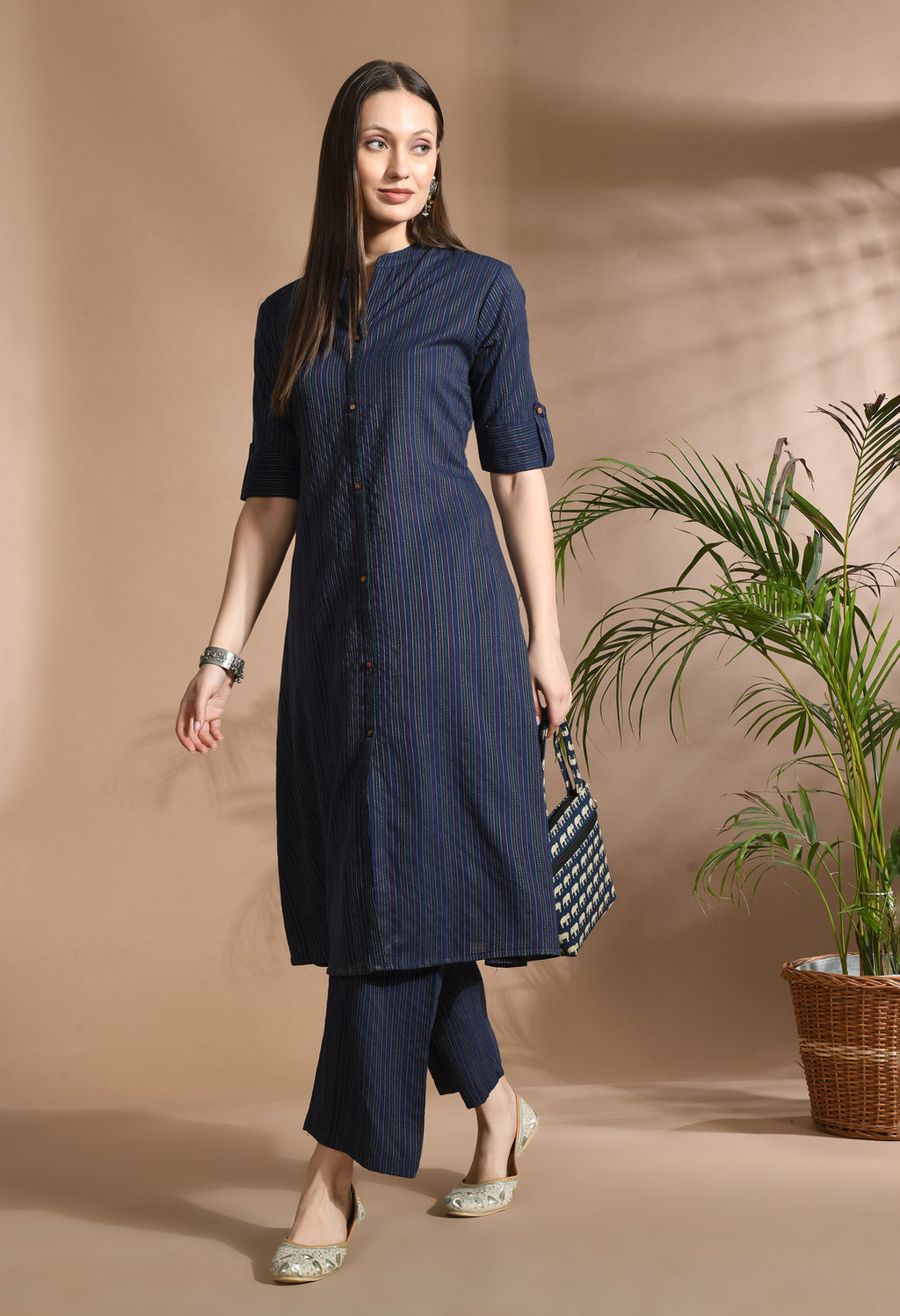 Women Blue Cotton Katha & Trim Work Kurta Bottom Set
