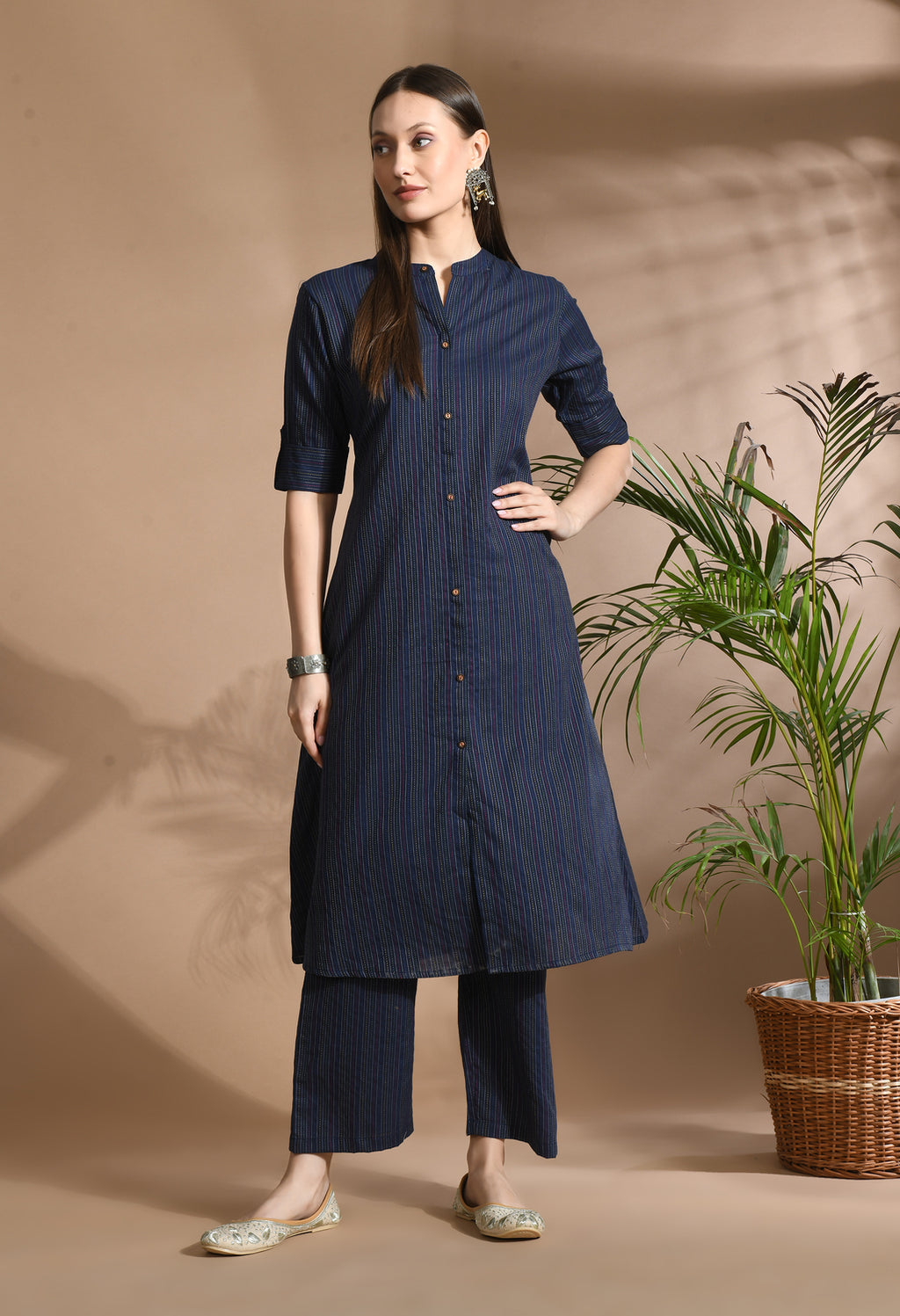 Women Blue Cotton Katha & Trim Work Kurta Bottom Set