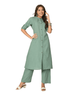 Women Green Cotton Katha & Trim Work Kurta Bottom Set