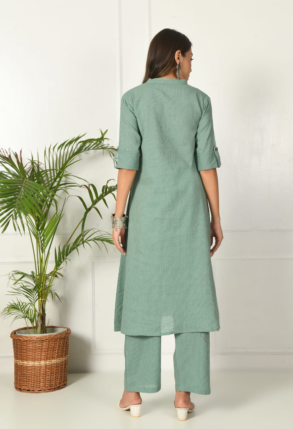 Women Green Cotton Katha & Trim Work Kurta Bottom Set